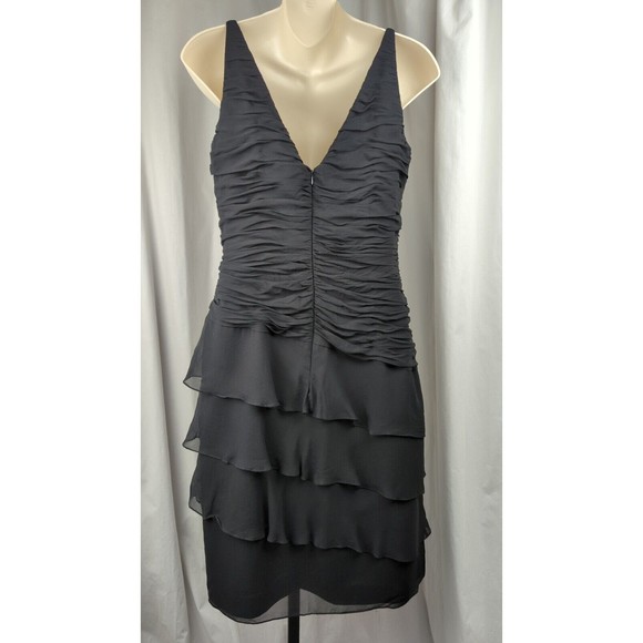 Kay Unger NY Black Tiered Silk Dress Ruffles Ruched Flattering Evening Chic M 10 - Picture 3 of 5